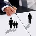 Hands, lawyer and drawing on paper for divorce, separation and breakup of family with illustration icons. Judge, legal Royalty Free Stock Photo