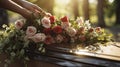 Hands laying flowers on the coffin, funeral ceremony. Generative AI