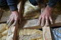 hands laying mineral wool batts between floor joists Royalty Free Stock Photo