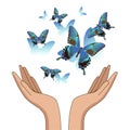 Hands, let out blue beautiful butterflies. Vector illustration Royalty Free Stock Photo