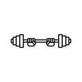 Hands lifted barbell weight. Isolated outline vector illustration.