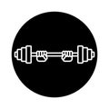 Hands lifted barbell weight. Round icon. Black white silhouette. Isolated vector illustration.