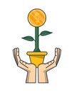 Hands lifting house plant coin isolated icon