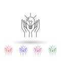 Hands and a light bulb multi color icon. Simple thin line, outline vector of idea icons for ui and ux, website or mobile Royalty Free Stock Photo