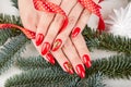 Hands with long natural manicured nails covered with red nail polish and Christmas tree