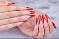 Hands with long red artificial french manicured nails Royalty Free Stock Photo