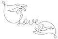 Hands with love word one-line art, continuous drawing contour,hand-drawn design for Valentine\'s Day.Bridal, nuptials, Royalty Free Stock Photo