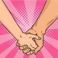 Hands of lovers comic style. Two lovers crossed their arms. Valentine`s Day. Pink background. Vintage pop art retro Royalty Free Stock Photo