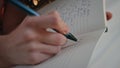 Hands making diary notes closeup. Happy smiling girl holding pen writing plans Royalty Free Stock Photo