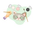 Hands making and painting carnival mask. Top view of creative work process, hobby and craft concept vector illustration