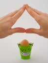 Hands making roof for protection, over basket Royalty Free Stock Photo