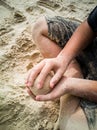 Hands making sphere sand ball by a child at the beach. Play sand Royalty Free Stock Photo
