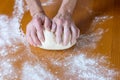 Hands of a male baker making bread