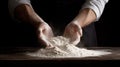 Hands of a male baker working with flour, preparing to make fresh dough to bake bread and pastries. Generative AI
