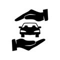 Hands male insurance agent protects car, silhouette. Concept car insurance icon. Royalty Free Stock Photo