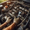 the hands of a male mechanic, repairing the engine of his truck.