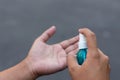 Hands of man applying alcohol spray for protection bacteria and virus .Coronavirus Royalty Free Stock Photo