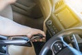 Hands man on automatic gear shift Royalty Free Stock Photo