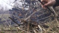 Hands of man Making a bonfire at early spring or autumn nature