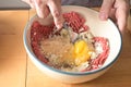 Hands of a man are mixing minced meat and other ingredients with a fork in a bowl, for making meatballs