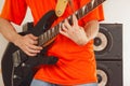 Hands of man playing the electric guitar close up Royalty Free Stock Photo