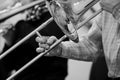 Hands of man playing the trombone Royalty Free Stock Photo