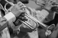 Hands of the man playing the trumpet Royalty Free Stock Photo