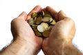 Hands of man up close holding isolated euro coins