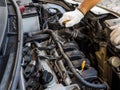 Hands man wearing white gloves of car mechanic working in auto repair service. Royalty Free Stock Photo