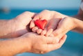 Hands of man and woman holding red heart protecting it together Royalty Free Stock Photo