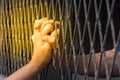 Hands of the man and woman on a steel lattice close up Royalty Free Stock Photo
