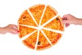A hands of a man and a woman take slices of pizza, top view. Sliced pizza with mozzarella, bocconcini and basil leaves