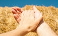 The hands of a man and a woman are woven together against a background of straw and a blue sky in the summer