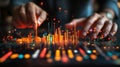 Hands manipulating data visualization, futuristic city backdrop, tech presentation Royalty Free Stock Photo