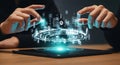 Hands manipulating futuristic holographic data interface with glowing digital elements Royalty Free Stock Photo