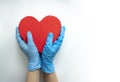 Hands in medical gloves holding a red heart shape model on white background.