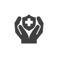 Hands with medical shield vector icon