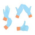 Hands in medical sterile rubber gloves. Illustration of safety measures against covid-19 virus. Person puts on gloves. Thumb up