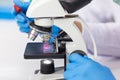 The hands of a researcher using a microscope to work in the laboratory Royalty Free Stock Photo