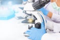 The hands of a researcher are using a microscope to work in the laboratory Royalty Free Stock Photo