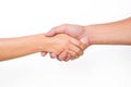 Hands of men and women shaking hands. Two people holding hands on white background. That can mean helping, caring, protecting, Royalty Free Stock Photo