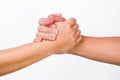 Hands of men and women shaking hands. Two people holding hands on white background. That can mean helping, caring, protecting, Royalty Free Stock Photo