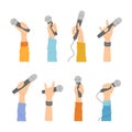 Hands with microphones, human palms holding mics