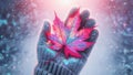 Hands in mittens holding a red maple leaf in winter forest. Christmas Concept. Royalty Free Stock Photo