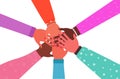 hands of mix race group of women putting together female empowerment movement girl power union of feminists Royalty Free Stock Photo