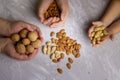 Hands and mixed hazelnuts, walnuts, cashews, almonds. Flat lay Royalty Free Stock Photo