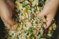 Hands mixing rice and vegetables Royalty Free Stock Photo