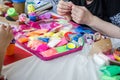 Hands, modeling from soft plasticine, dough. Modeling workshop for children.