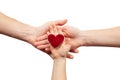 Hands of mom, dad and child on white background with heart. Child adoption, love and family relationships