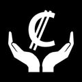 Hands and money currency COSTA RICA COLON sign. C with two stripes - white on black background